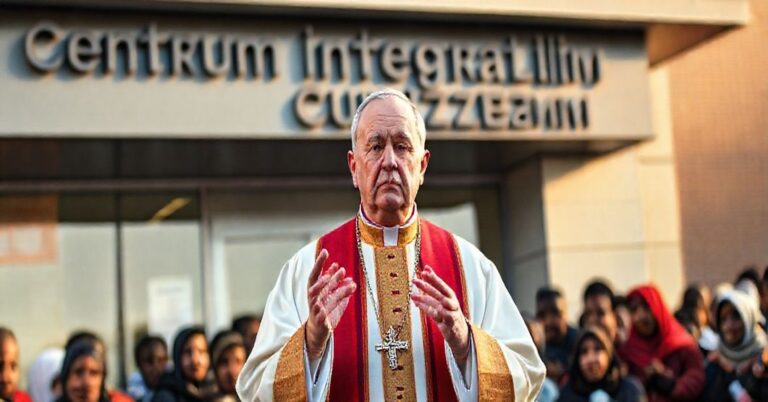 Ksiądz w tradycyjnym ornaty stoi przed Centrum Integracji Cudzoziemców, wyjaśniając kontrowersyjną politykę migracyjną, z tłem grupą migrantów i niespokojnym tłumem.