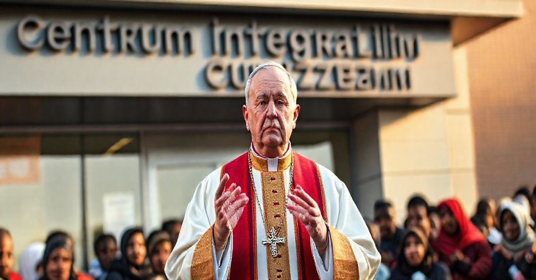 Ksiądz w tradycyjnym ornaty stoi przed Centrum Integracji Cudzoziemców, wyjaśniając kontrowersyjną politykę migracyjną, z tłem grupą migrantów i niespokojnym tłumem.