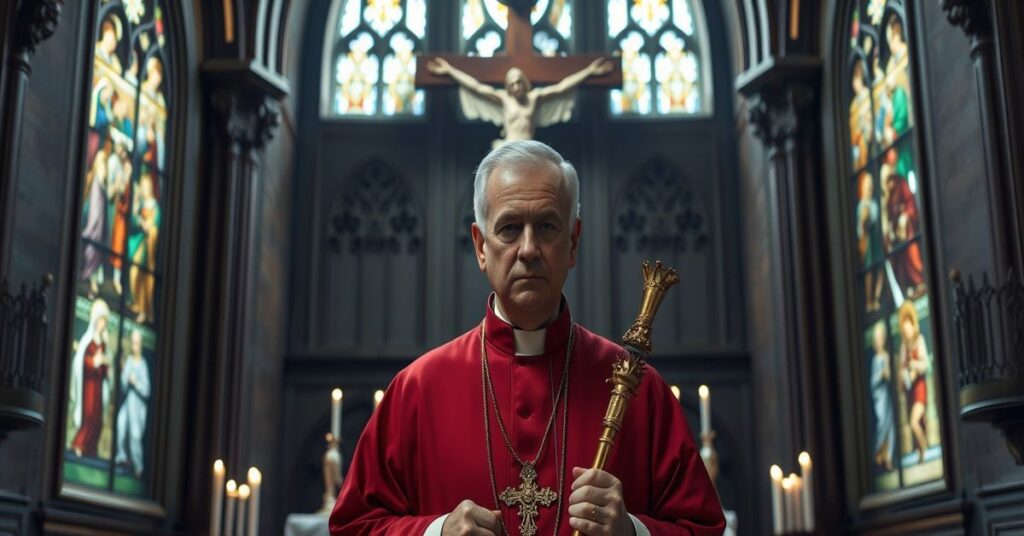 Tradycyjny biskup w szatach liturgicznych stoi w kaplicy z gotyckim wystrojem i dużą krzyżem na tle.