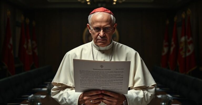 Biskup stojący przed dokumentem biurokratycznym w pomieszczeniu konferencyjnym z flagami Watykańskimi na tle. W tle widoczna jest sekwencja symboliczna dziecka reprezentującego sprzedaną niewinność. Atmosfera jest smutna i przygnębiająca.