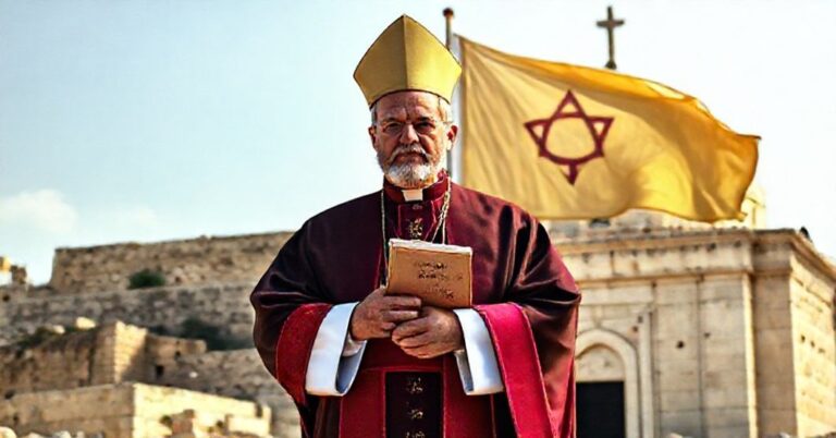 Biskup w tradycyjnych szatach liturgicznych przed ruinom Ziemi Świętej trzyma mszał z poważną miną