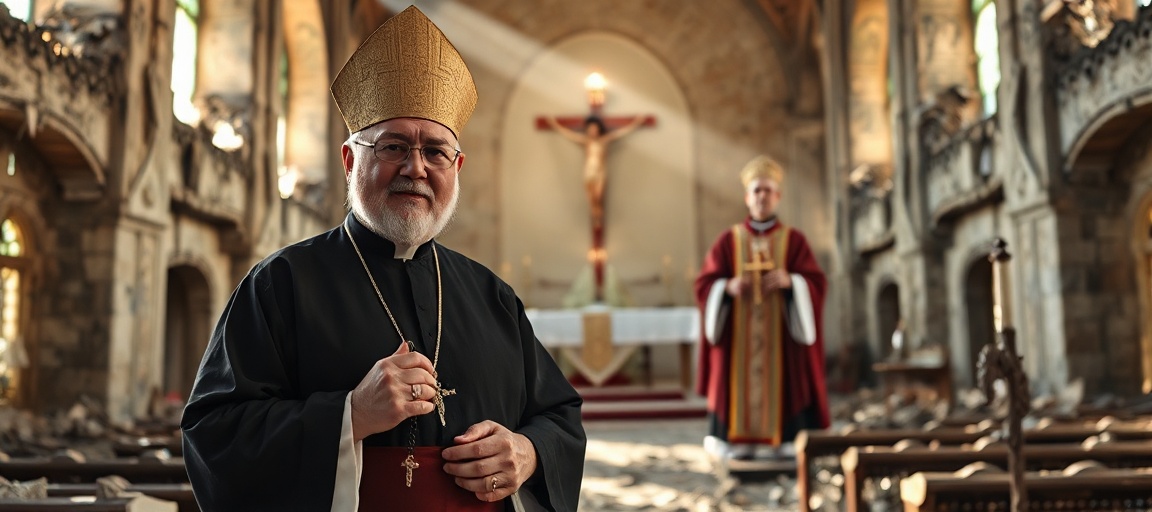 Biskup Zmitrowicz i Tradycyjna Msza Święta na Ukrainie Biskup Zmitrowicz OMI przed ruiny kościoła na Ukrainie z różańcem w ręku, na tle Tradycyjnej Mszy Świętej z Krucyfiksem na pierwszym planie