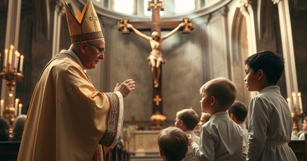 Religijna scena z biskupem błogosławiącym dzieci w kościele, z akcentem na liturgię i tradycyjne wartości katolickie