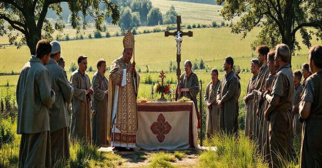 Biskup w tradycyjnych szatach błogosławiący rolników podczas uroczystej ceremonii na zewnątrz, oddając hołd tradycji katolickiej