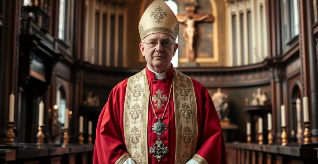 Biskup w liturgicznych szatach w katedrze, podkreślający wagę autorytetu Kościoła w edukacji katolickiej