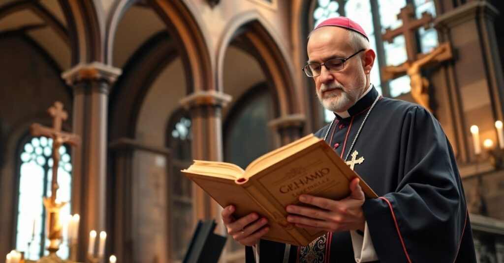 Biskup w stroju liturgicznym podczas Mszy św. w hiszpańskiej katedrze – krytyka błędnej inspiracji ewangelizacyjnej Talavera przez antypapieża Leona XIV