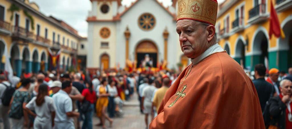 Biskup katolicki w tradycyjnych szatach liturgicznych stoi przed kościołem w Brazylii, obserwując tłum ludzi praktykujących synkretyczne rytuały religijne, łącząc symbole katolickie z elementami pogańskimi.