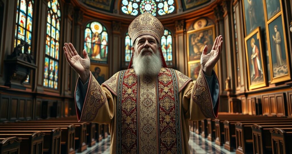 Rewerentny obraz biskupa katolickiego w tradycyjnym ornacie, modlącego się w zabytkowym wnętrzu kościoła, symbol nadziei i wiary w obliczu kryzysu społecznego na Haiti.