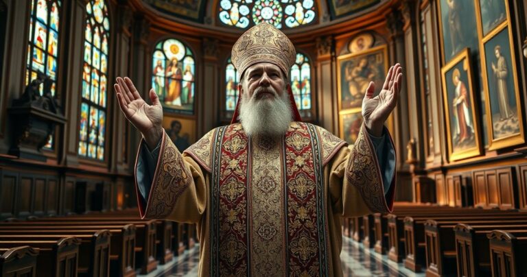 Rewerentny obraz biskupa katolickiego w tradycyjnym ornacie, modlącego się w zabytkowym wnętrzu kościoła, symbol nadziei i wiary w obliczu kryzysu społecznego na Haiti.