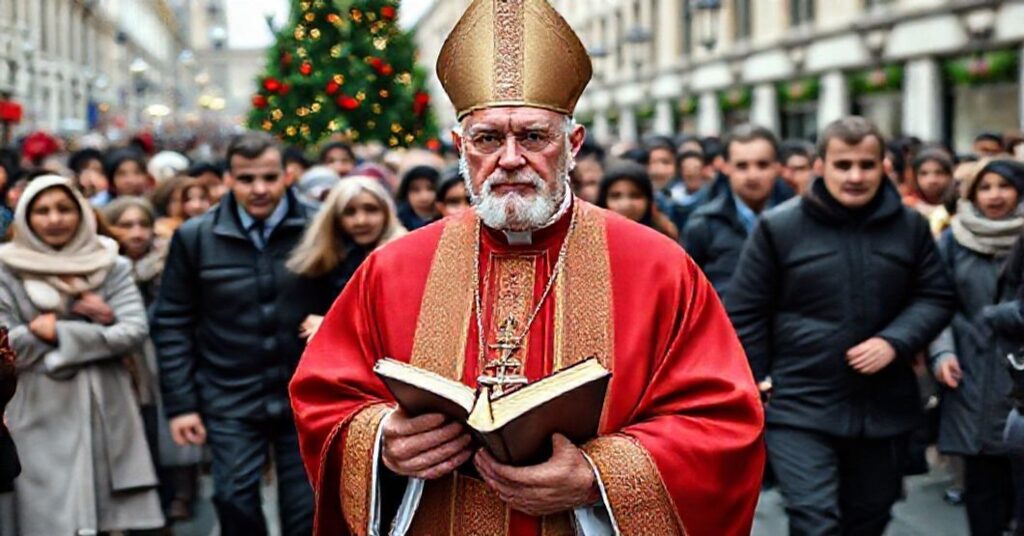 Biskup w tradycyjnych szatach liturgicznych stoi przed zaniepokojonym tłumem wiernych, trzymając zamkniętą Biblię. W tle grupa imigrantów eskortowana przez władze nowoczesne. Scena rozgrywa się w europejskim mieście ozdobionym dekoracjami bożonarodzeniowymi, kontrastującymi z poważnym nastrojem.