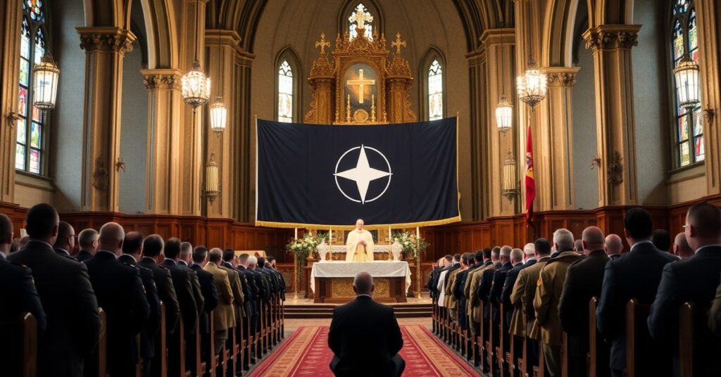 Uroczysta Msza św. z udziałem bp. Wiesława Lechowicza w garnizonowym kościele w Stargardzie podczas poświęcenia sztandaru wojsk NATO; żołnierze modlą się w strojach galowych