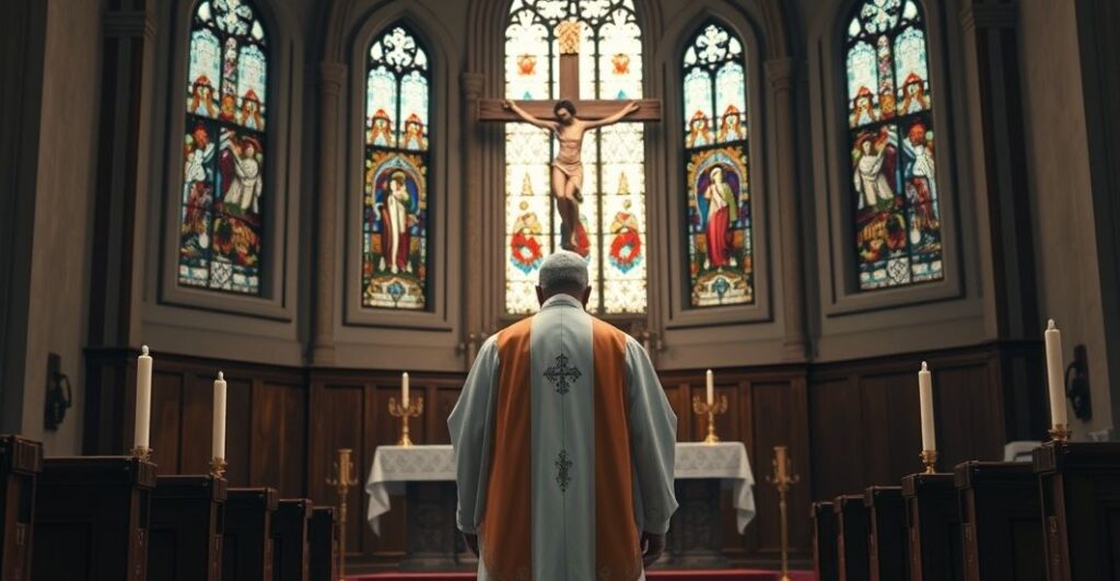 Poważny katolicki biskup w tradycyjnym stroju podczas liturgii w staroświeckim kościele, z krucyfiksem w tle