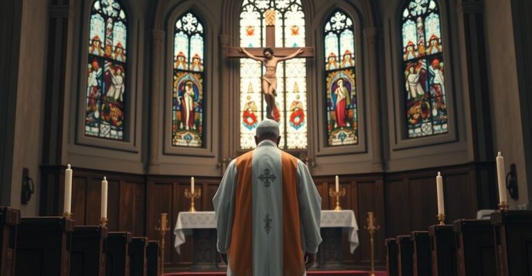 Poważny katolicki biskup w tradycyjnym stroju podczas liturgii w staroświeckim kościele, z krucyfiksem w tle