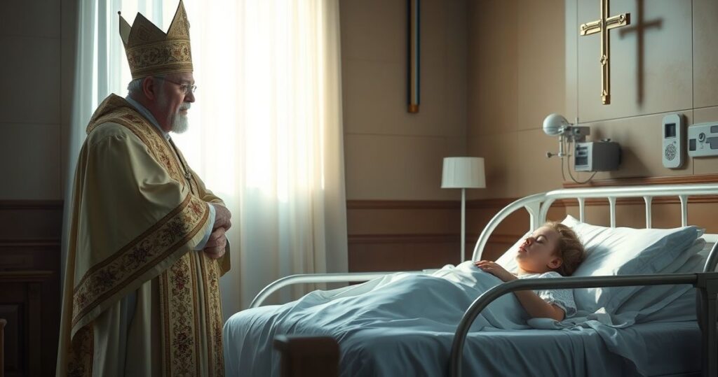 Biskup w tradycyjnych szatach katolickich modli się przy łóżku młodego pacjenta w szpitalu, symbolizując wiarę i troskę Kościoła.