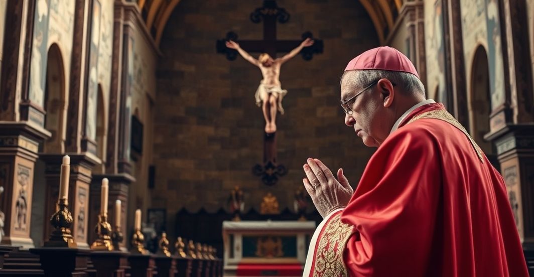 Biskup w modlitwie w tradycyjnym kościele, refleksja nad kryzysem wiary Biskup modli się w kościele, refleksja nad kryzysem wiary i nowoczesnym ekumenizmem w katolickiej tradycji