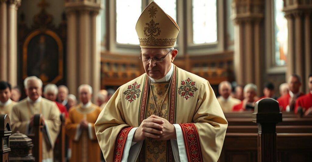 Biskup katolicki w liturgicznych szatach modli się w tradycyjnej świątyni, wyrażając sprzeciw wobec modernistycznego dialogu i zlaicyzowania Kościoła.