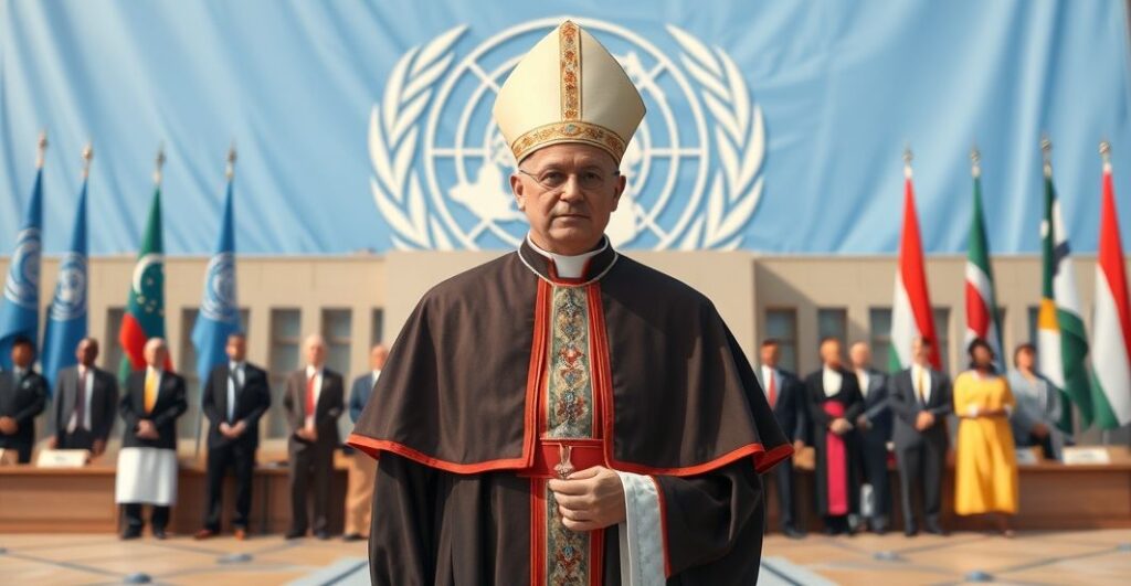 Biskup katolicki w tradycyjnym stroju podczas oficjalnego wydarzenia przy ONZ, krytycznie ukazany w kontekście odwrócenia od Chrystusa Króla