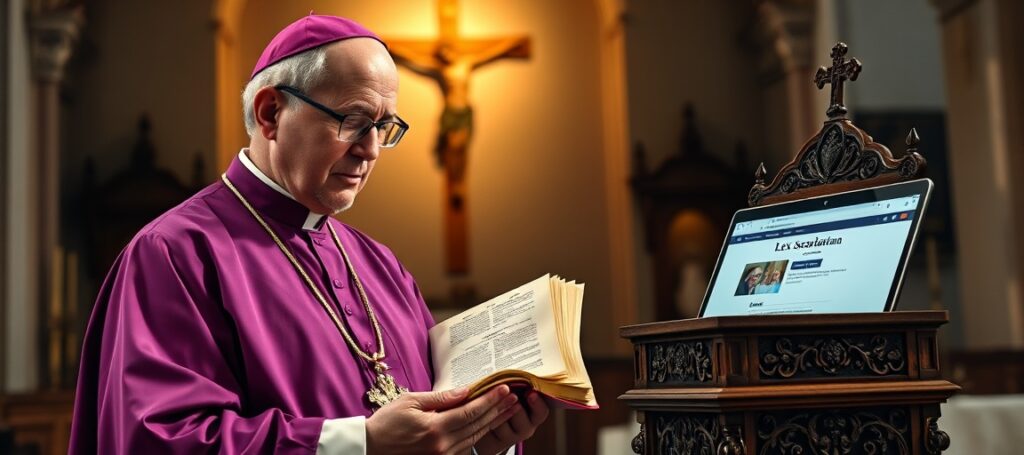 Biskup w szatach tradycyjnych w katedrze trzymający encyklikę Piusa XI z smutkiem patrzący na laptop z nagłówkiem Gościa Niedzielnego o ustawie 'lex szarlatan'