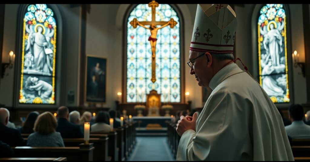 Biskup w modlitwie przed krucyfiksem z historycznymi zdjęciami ofiar Wołynia w tle - katolicka refleksja nad pojednaniem Polaków i Ukraińców