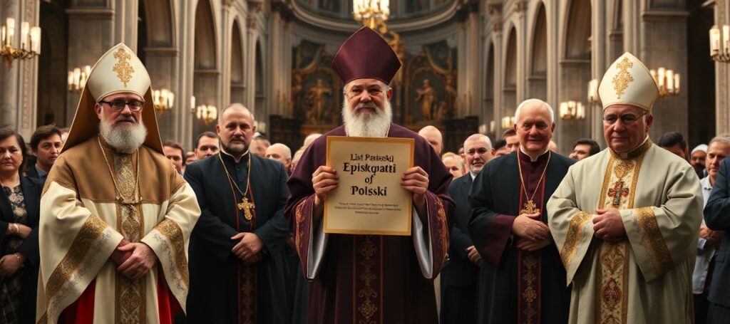 Grupa biskupów w tradycyjnych strojach liturgicznych stoi w katedrze, trzymając list pasterski o Akcji Katolickiej.