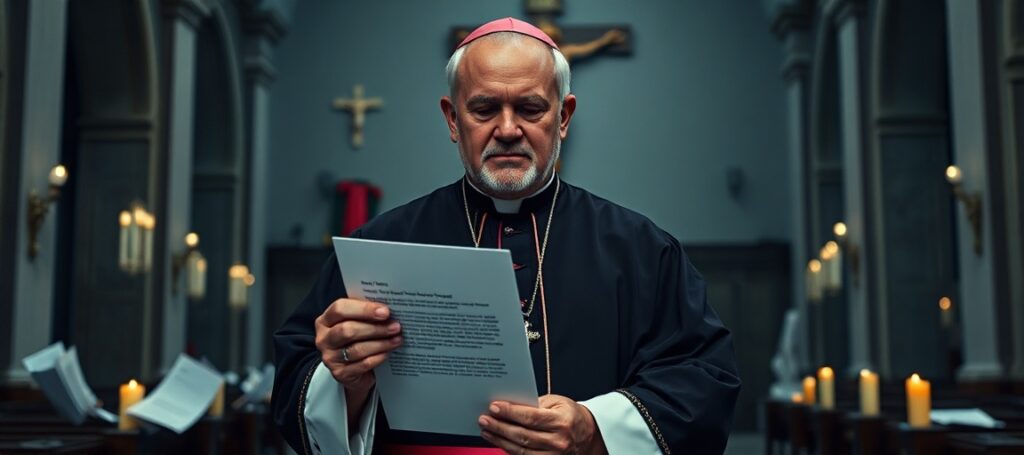 Tradycyjny katolicki biskup w pełni liturgicznych szatach trzyma list USCCB w ciemnym wnętrzu kościoła