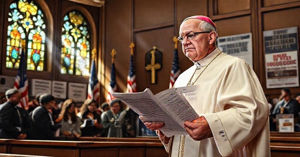 Biskup w tradycyjnych szatach liturgicznych z dokumentem USCCB na temat imigracji w sali sądowej podczas deportacji nielegalnych imigrantów.