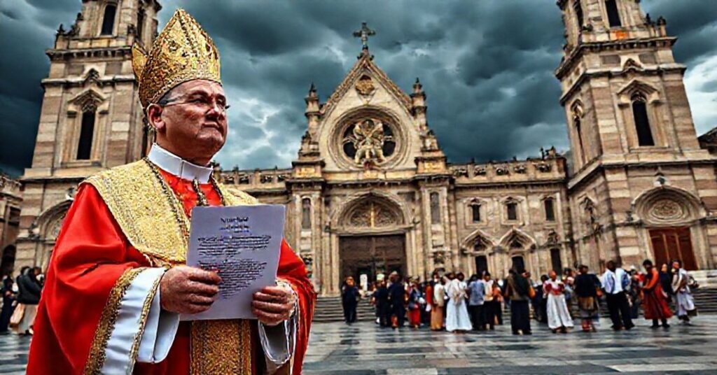 Biskup w tradycyjnych szatach kościelnych trzyma dokument o imigracji przed katedrą, z niepokojącymi chmurami na tle.