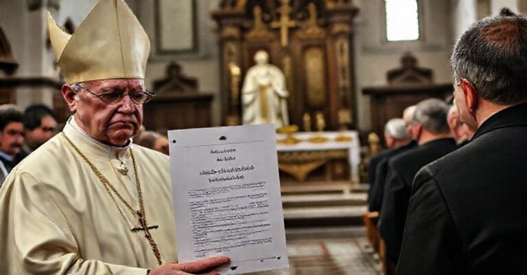 Grupa biskupów przed ołtarzem w kościele katolickim, trzymających dokument z apelem o szacunek dla św. Jana Pawła II