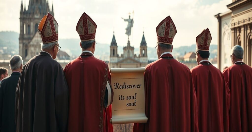 Tradycyjni biskupi w ornatach stoją przed katedrą w Europie z widokiem zniszczeń wojennych na tle.