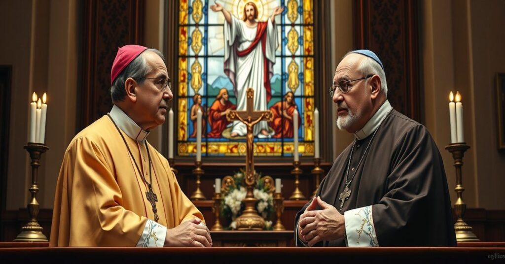 Biskupi Robert Barron i Salvatore Cordileone przemawiają przed tradycyjnym ołtarzem katolickim z krzyżem i świecami