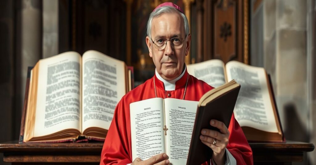 Biskup w pełnym stroju liturgicznym stojący przed ołtarzem katedry, trzymając zamkniętą Biblię. W tle widoczny jest stary manuskrypt z widocznym tekstem łacińskim o świętości życia.