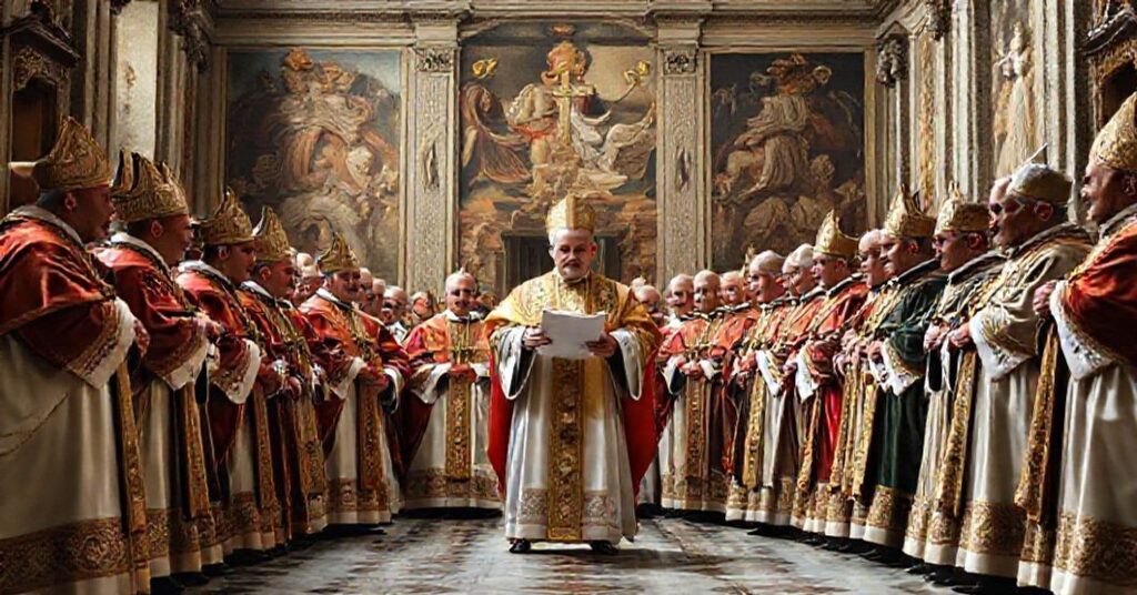 Grupa biskupów w tradycyjnych habitach zebrana w historycznej sali watykańskiej, czytająca dokument o niezmiennej doktrynie diakonatu