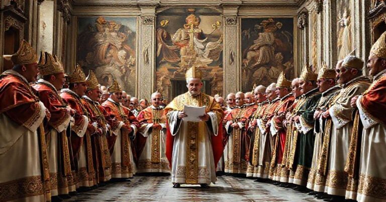 Grupa biskupów w tradycyjnych habitach zebrana w historycznej sali watykańskiej, czytająca dokument o niezmiennej doktrynie diakonatu