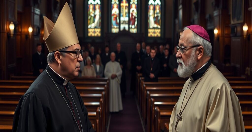 Wnętrze kościoła z biskupami Marianem Eleganti i Atanazym Schneiderem w dyskusji na tle tradycyjnych elementów katolickich.