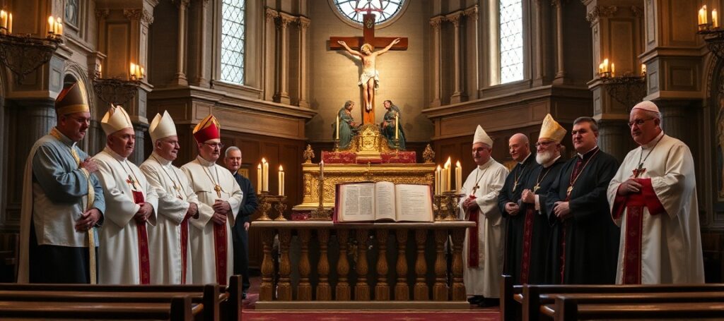 Grupa biskupów w tradycyjnych szatach liturgicznych stojących wokół ołtarza w kościele katolickim z dokumentem w rękach.
