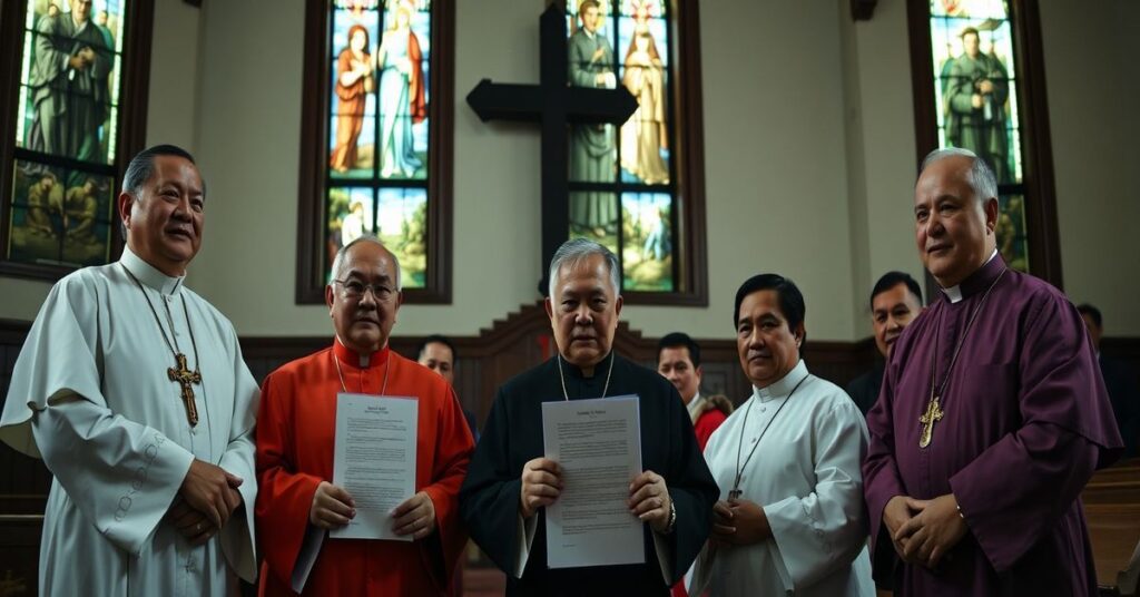 Grupa filipińskich biskupów w tradycyjnej katedrze, dyskutujących list pasterski przeciwko elektrowni jądrowej w Pangasinan