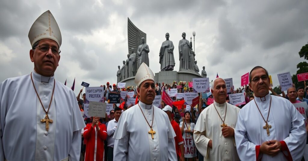 Biskupi w białych ornatach stojący przy pomniku EDSA People Power Monument otoczeni tłumem protestujących z transparentami o walce z korupcją.
