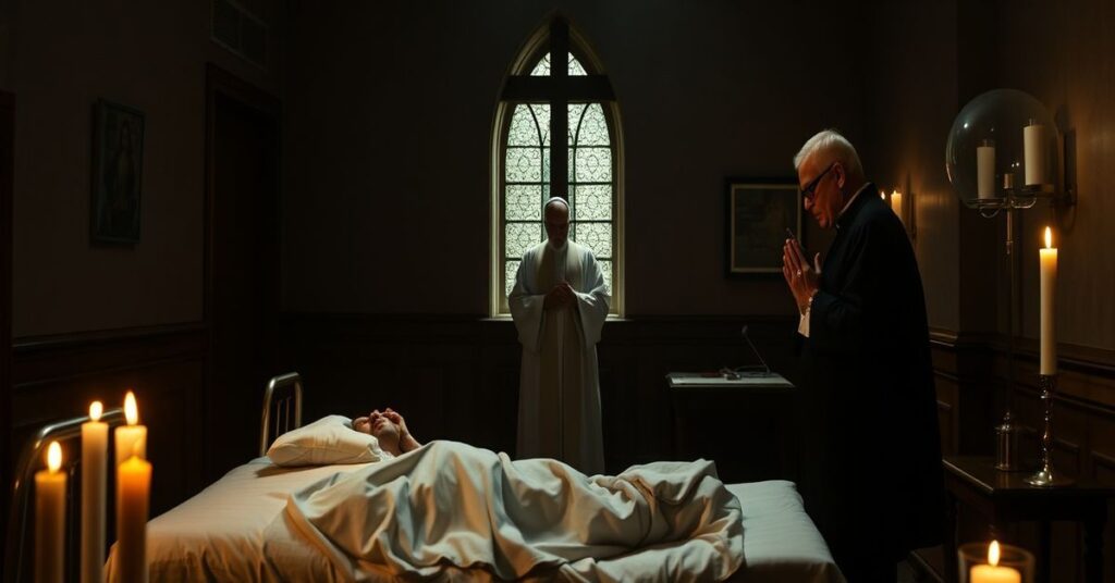 Ciemna kaplica z umierającym pacjentem otoczonym modernistycznym "biskupem", brak odwołania do Boga i sakramentów w walce o eutanazję we Francji.