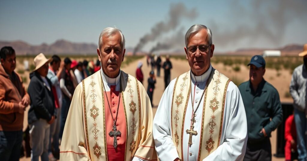 Biskupi Mark Seitz i Gustavo García-Siller na granicy USA-Meksyk z migrantami w tle