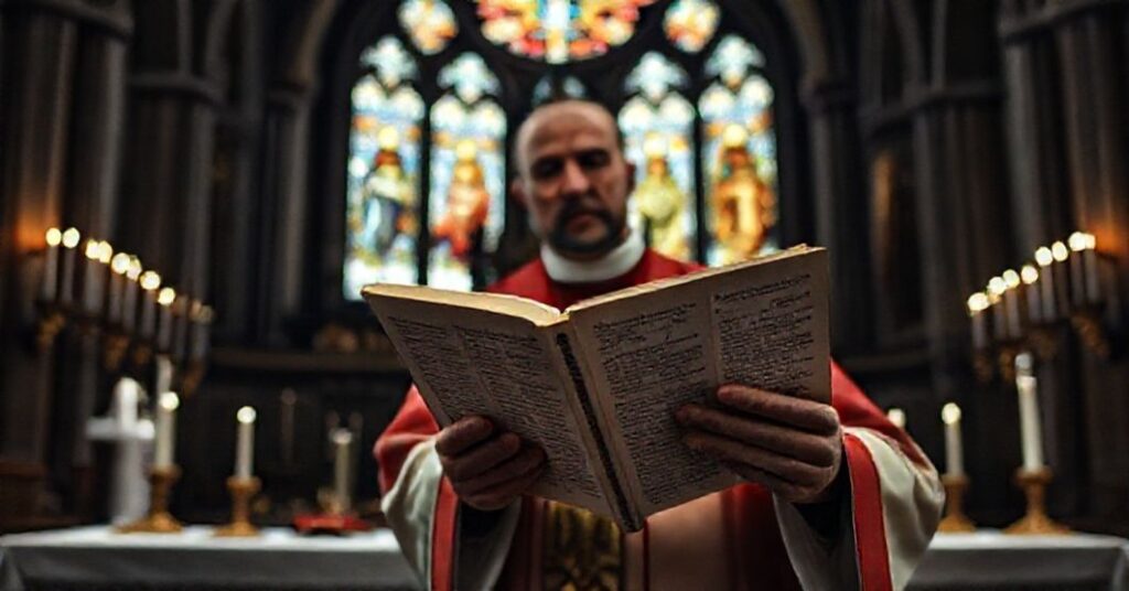 Sobór katolicki z ołtarzem i kapłanem wygłaszającym homilię o błędach modernistycznych w nauce chrześcijańskiej