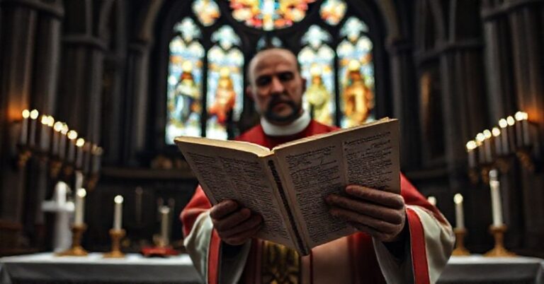 Sobór katolicki z ołtarzem i kapłanem wygłaszającym homilię o błędach modernistycznych w nauce chrześcijańskiej