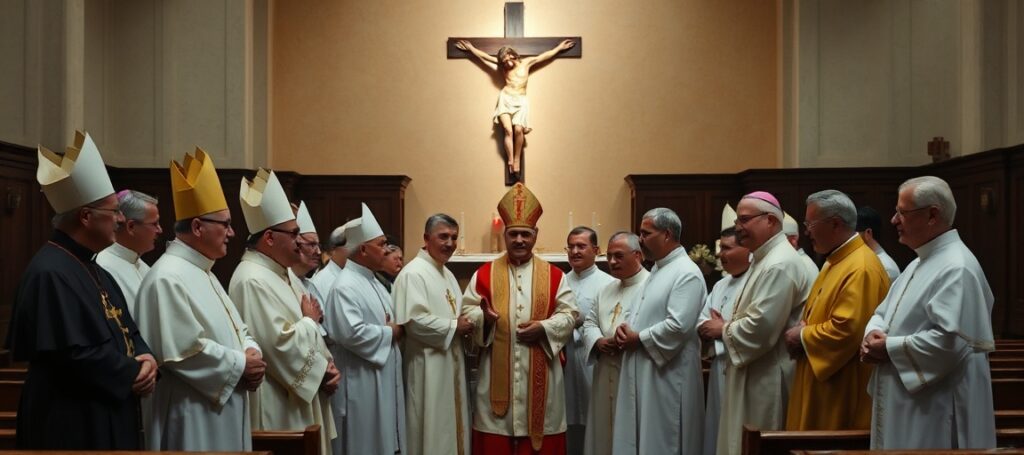 Grupa biskupów i uczestników Szkoły Cyfrowych Misjonarzy w Kolumbii zebrana w tradycyjnym kościele z krzyżem i świecami na tle.