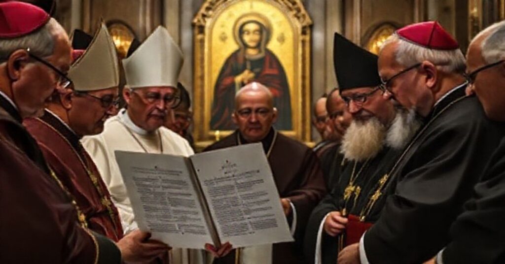 Polscy biskupi w tradycyjnych szatach liturgicznych na Jasnej Górze omawiają dokument w obronie zmarłego papieża Jana Pawła II