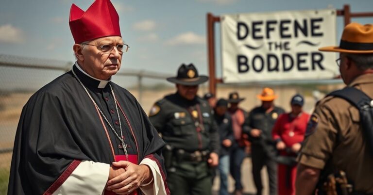Konkretny biskup w tradycyjnych szatach liturgicznych stojący na granicy USA, obserwujący grupę nielegalnych imigrantów aresztowanych przez straż graniczną. Scena odzwierciedla konflikt wiary i ideologii w kontekście katolickiej nauki społecznej.