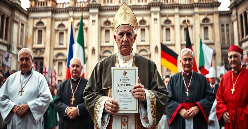 Biskupi w tradycyjnych ornatach przed katedrą europejską trzymający encyklikę Quas Primas