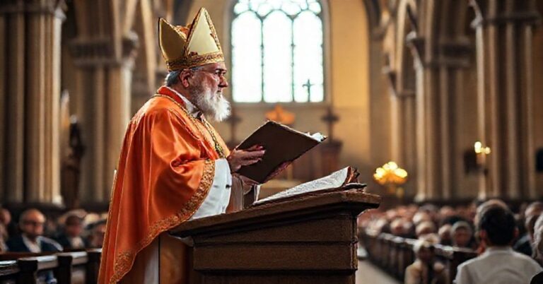 Sobór biskupi w tradycyjnym stroju liturgicznym mówi do zgromadzenia w kościele o zagrożeniach dla wiary katolickiej