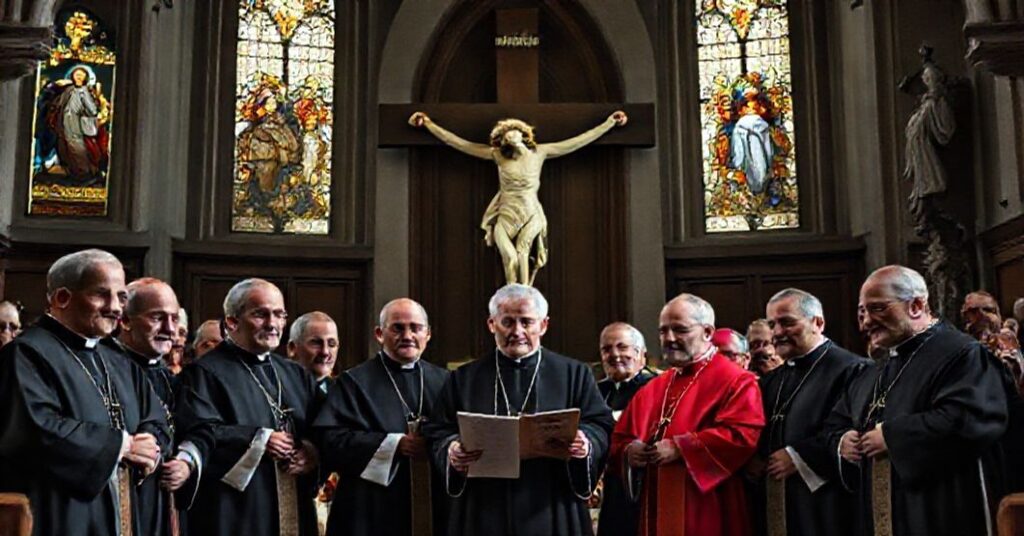 Grupa tradycyjnych biskupów katolickich w stroju liturgicznym stojących przed krzyżem w ciemnym kościele, wyraz twarzy pełen oburzenia wobec aborcji.