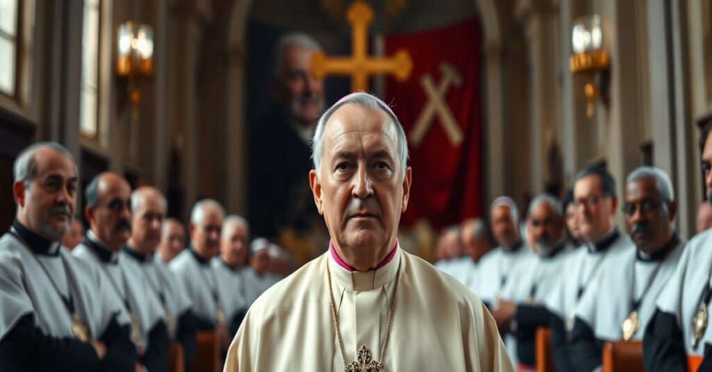 Obraz przedstawiający biskupa Ariela Suareza i biskupów kubańskich w tradycyjnym kościele katolickim, symbolizujący konflikt między nauką Kościoła o Chrystusie Królu a ich akceptacją pluralizmu politycznego.