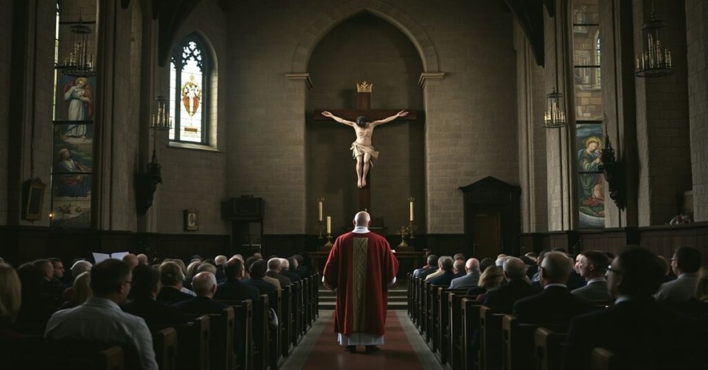 Wnętrze tradycyjnego kościoła katolickiego z krzyżem na ołtarzu podczas kazania Bp. Tadeusza Lityńskiego.