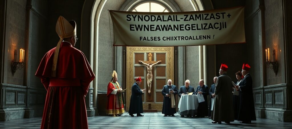 Biskup w tradycyjnych szatach liturgicznych przed zamkniętymi drzwiami kościoła, symbolizując odrzucenie herezji synodalnej